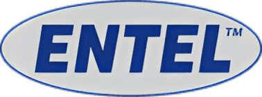 A blue and white logo for ntel.